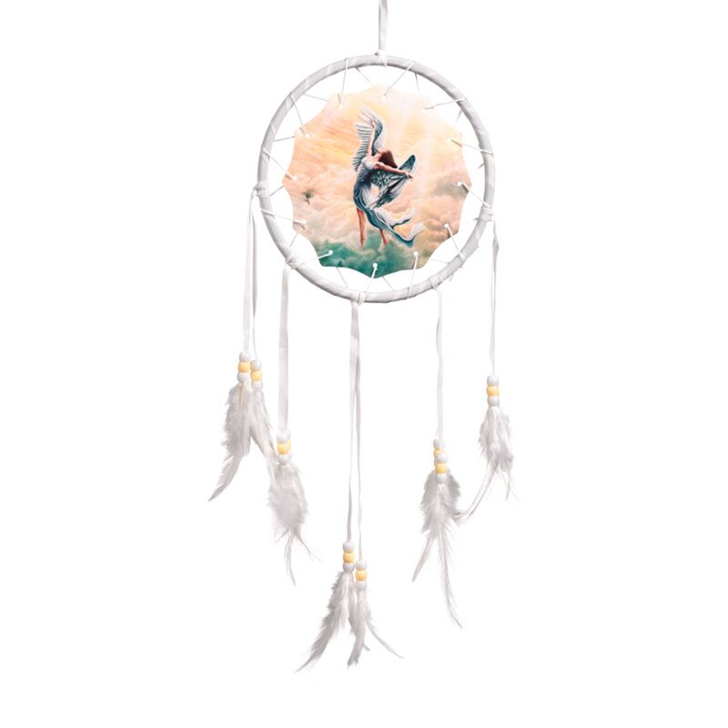 16cm dreamcatcher featuring angel artwork by Natasha Faulkner with decorative feathers, webbing, and spiritual-inspired design.