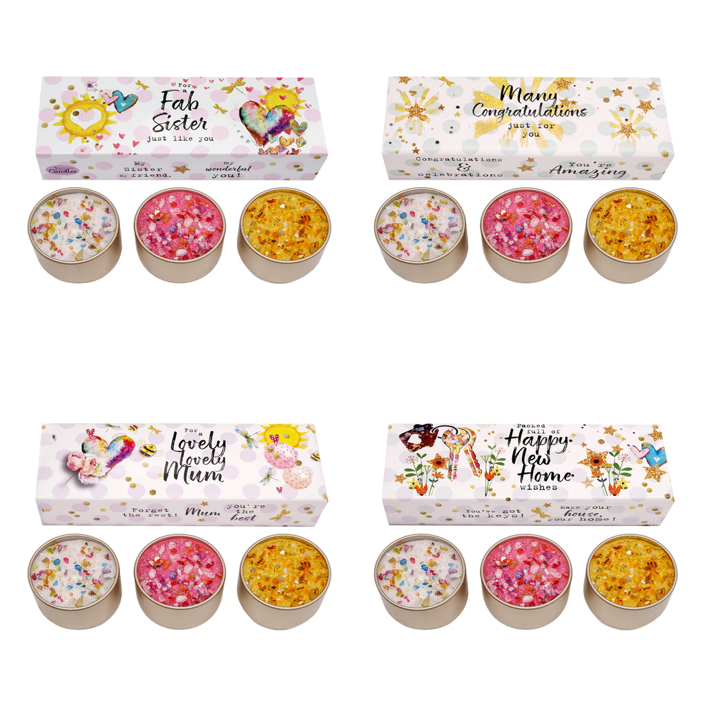 3 Pack Scented Glitter Candles - Various Slogans - Mum - Friend - Birthday Etc