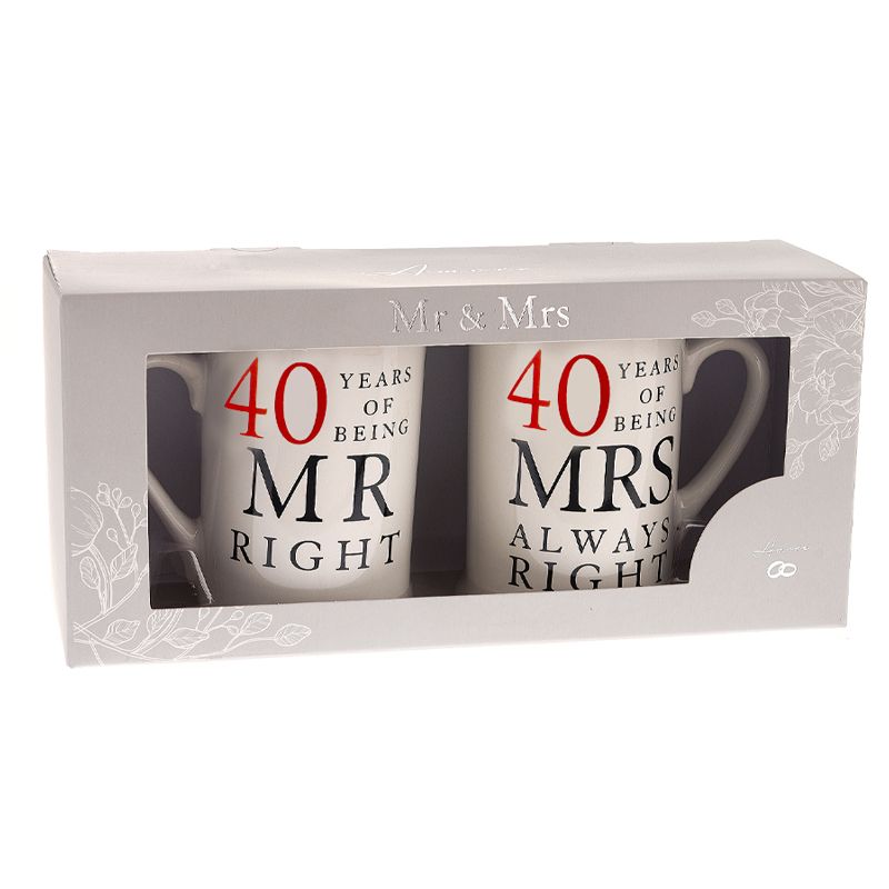 Set of two white 40th wedding anniversary mugs featuring “40 Years of Being Mr Right” and “40 Years of Being Mrs Always Right” text.