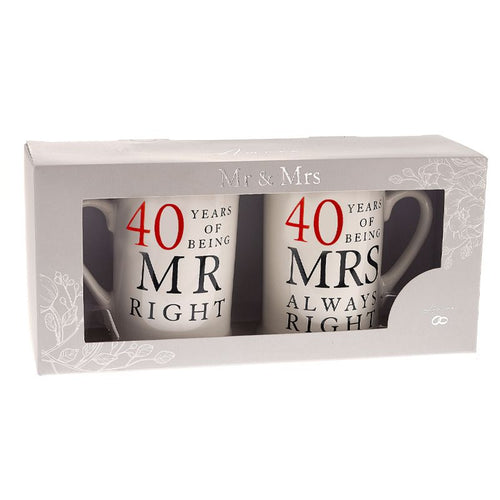 Set of two white 40th wedding anniversary mugs featuring “40 Years of Being Mr Right” and “40 Years of Being Mrs Always Right” text.