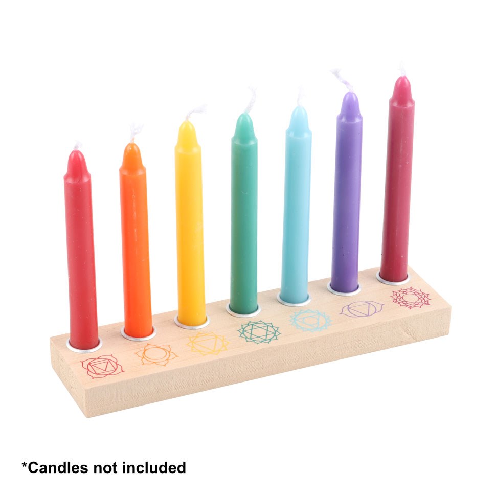 Wooden candle holder featuring colourful 7 chakra symbols and a central holder for a single candle.