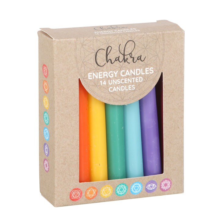 Pack of 14 unscented chakra energy candles in assorted colours, suitable for meditation, rituals, and decorative use.