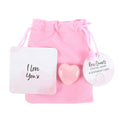 Polished rose quartz crystal heart in a velvet gift bag with matching “I Love You” sentiment gift card.