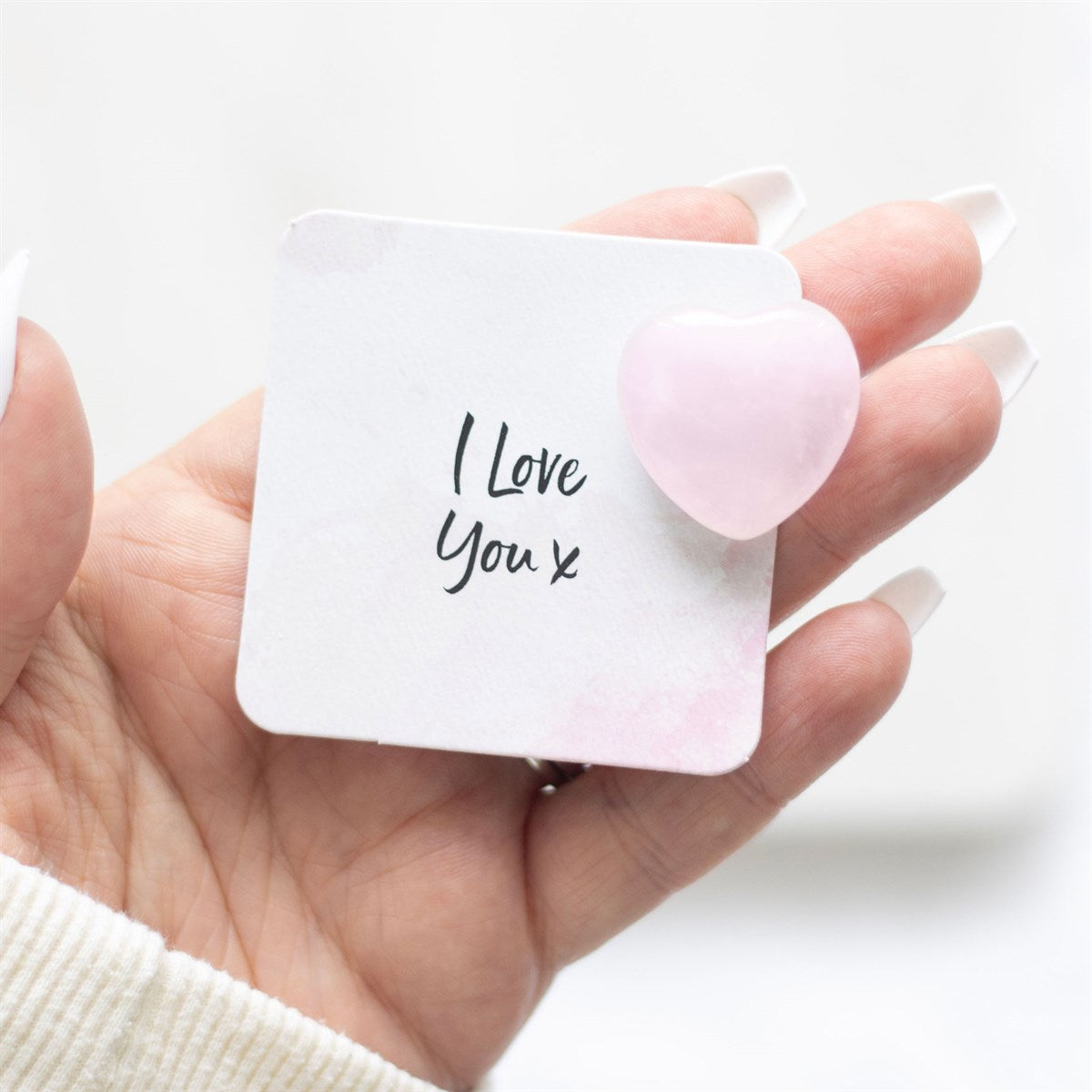 I Love You Rose Quartz Crystal Heart In Drawstring Bag