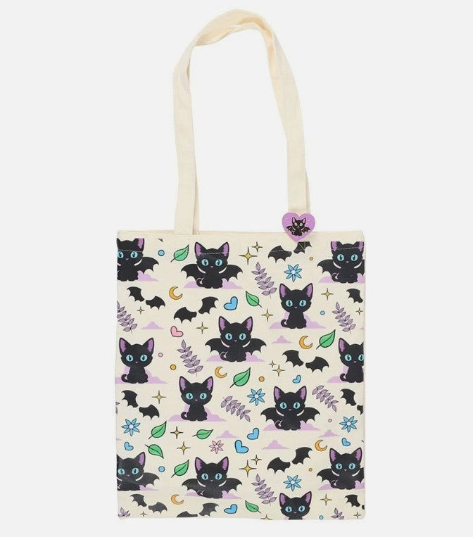 Cat/Bat Print Polycotton Tote Bag with Enamel Pin