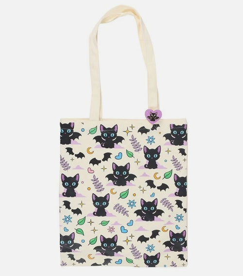 Cat/Bat Print Polycotton Tote Bag with Enamel Pin