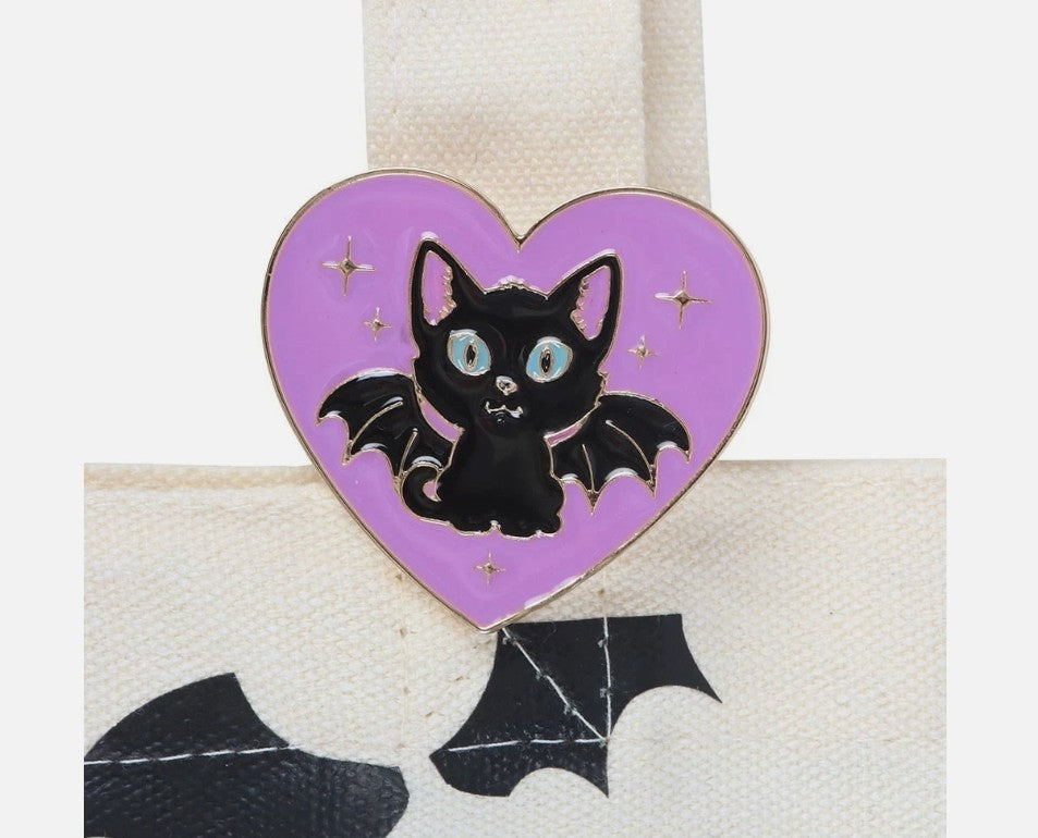 Cat/Bat Print Polycotton Tote Bag with Enamel Pin