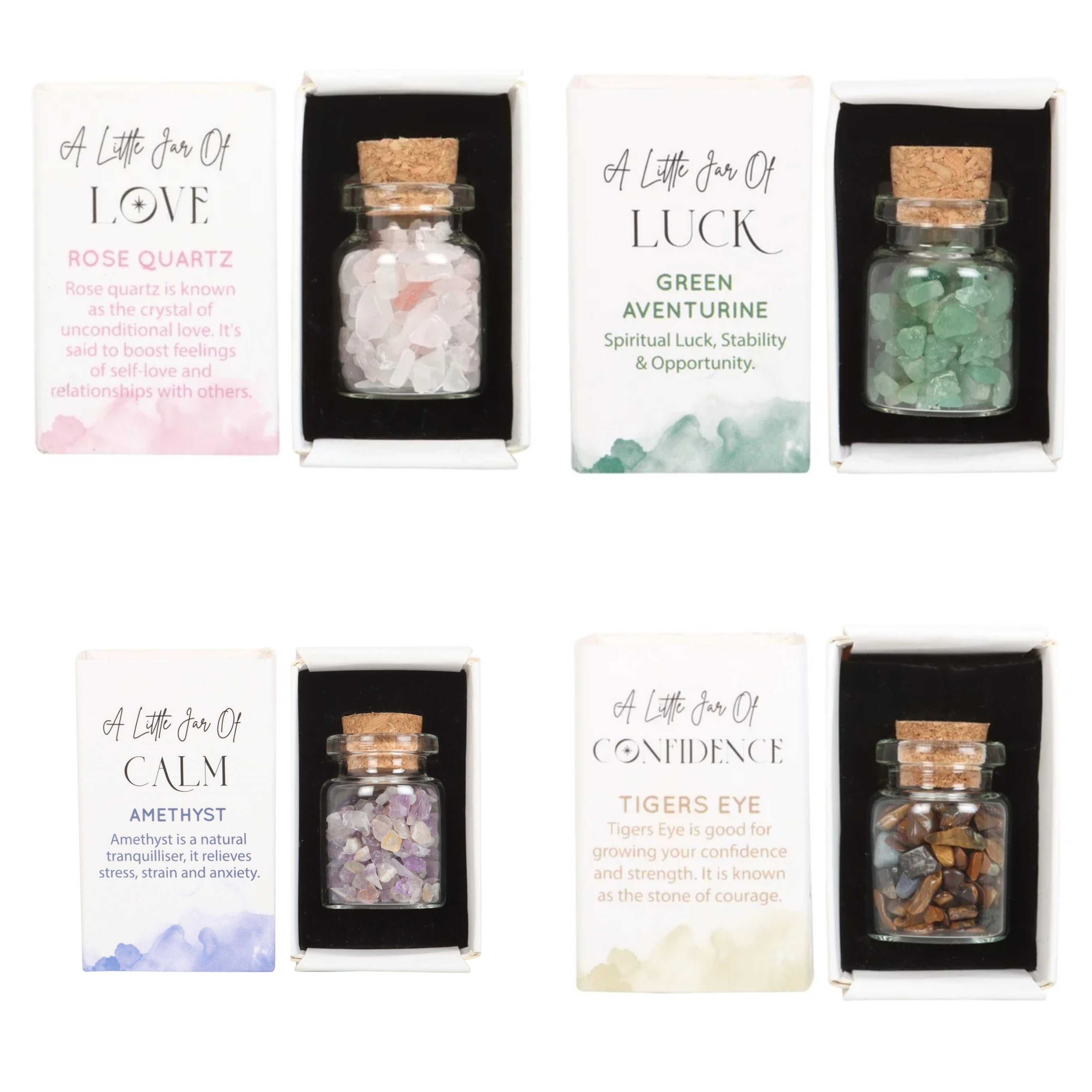 Glass jar filled with crystal chips, available in varieties for luck, love, calm, or confidence, with decorative cork stopper lid.