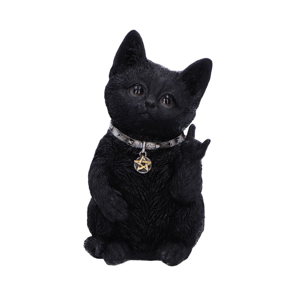 Metallic black cat figurine making rock hand sign, bold and quirky decor piece
