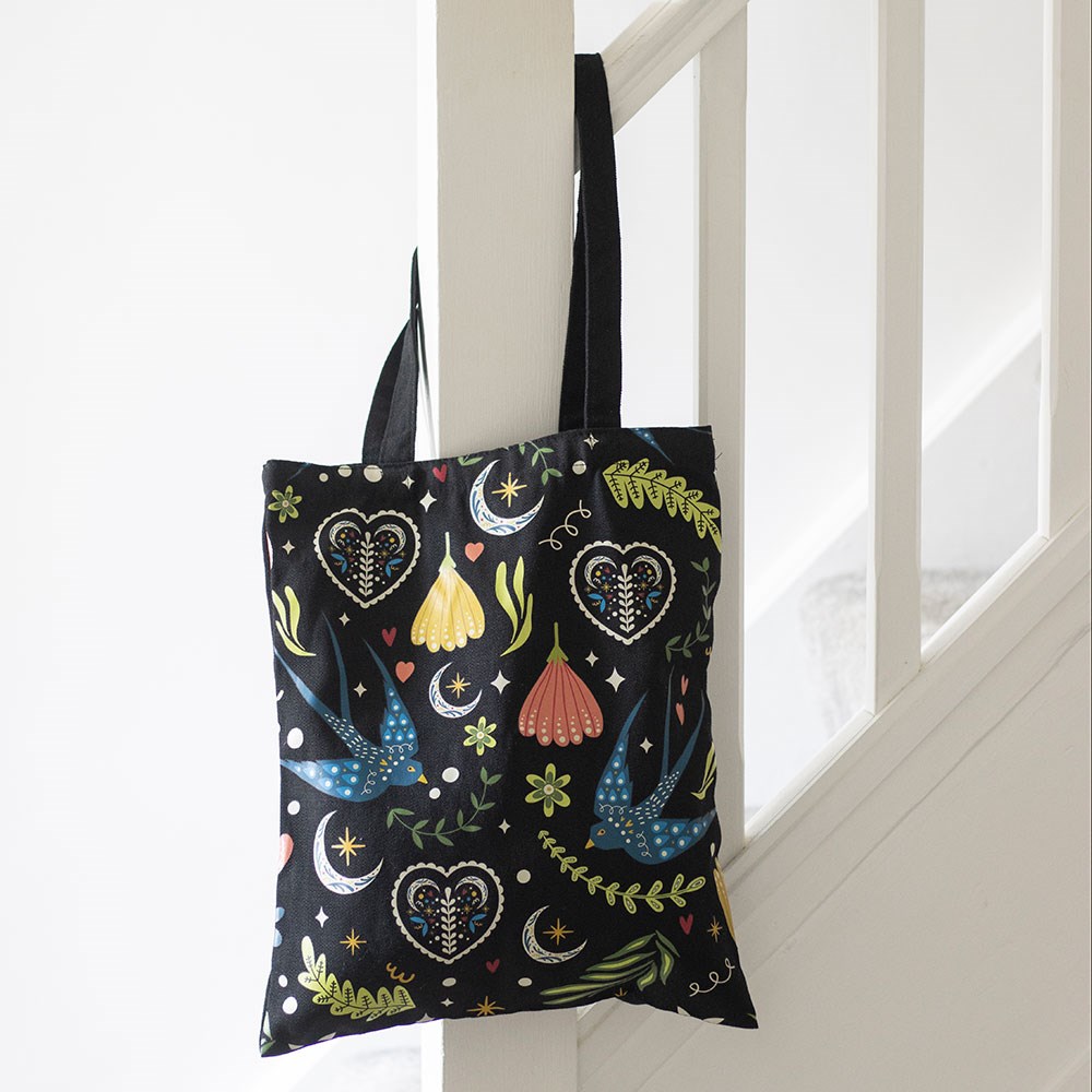 Midnight Bloom Folk Art Blue Swallow Polycotton Tote Bag
