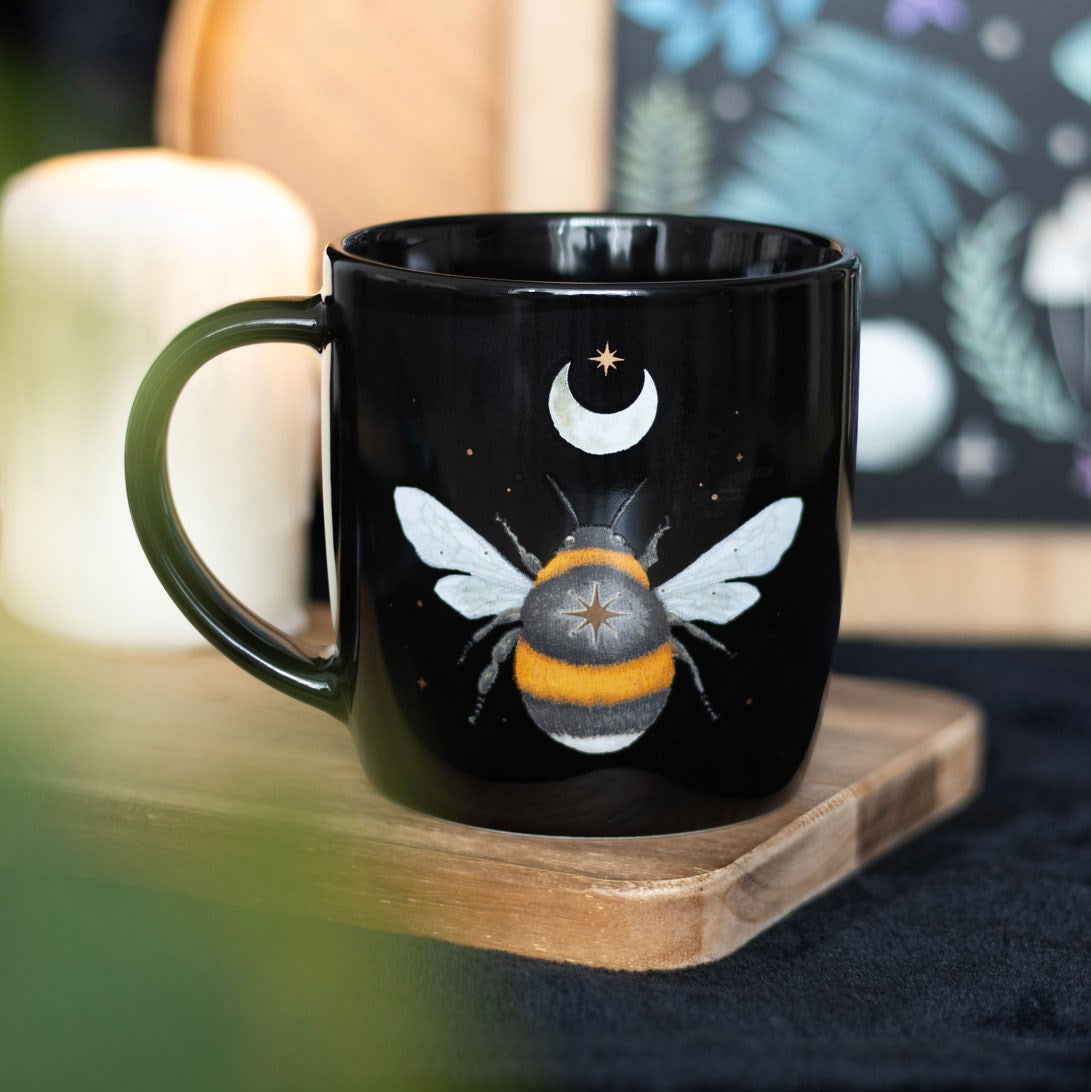 Midnight bee print ceramic mug, elegant design for hot drinks