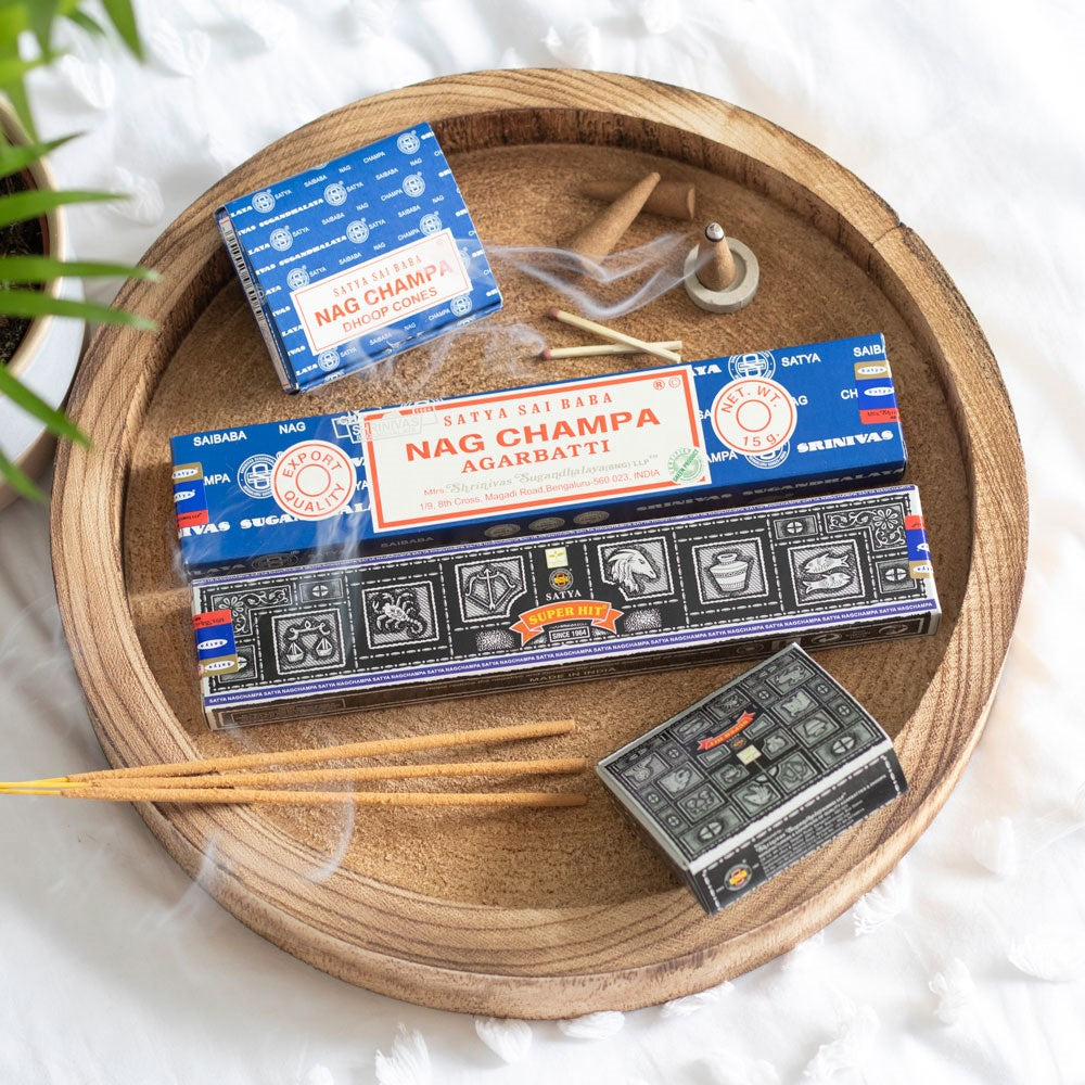 Satya incense sticks and dhoop cones, available in a variety of soothing scents