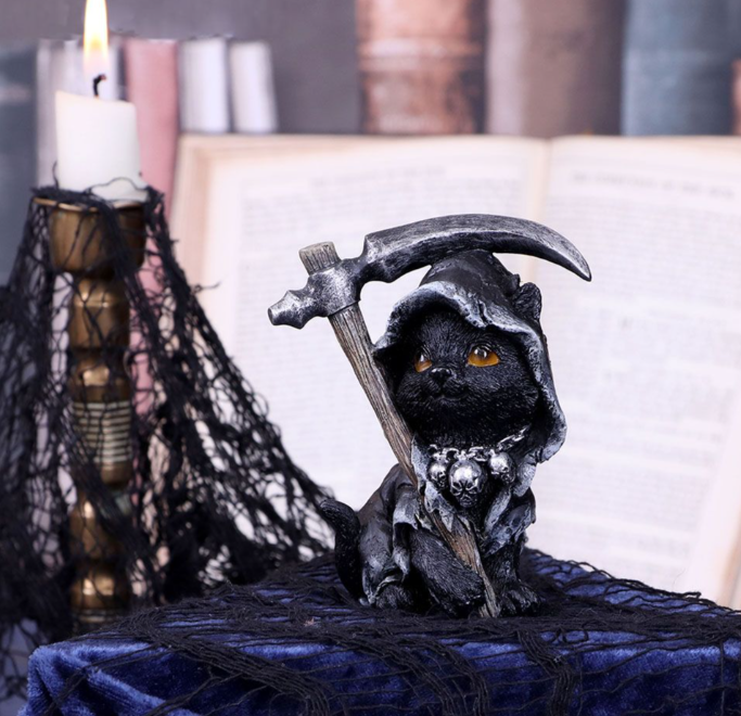 Grim reaper feline cat figurine, gothic style ornament with detailed design