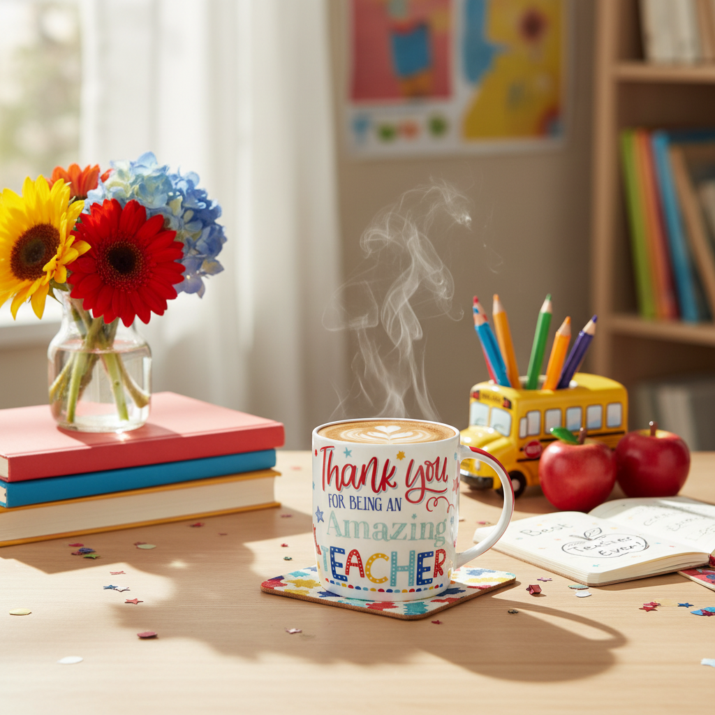 Amazing Teacher Colourful Ceramic Mug - Lifestyle Image 1
