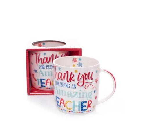 Colourful ceramic mug featuring “Amazing Teacher” text with vibrant teacher appreciation design.