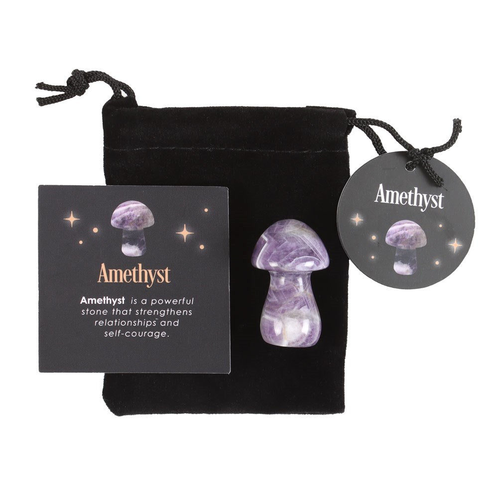 Amethyst crystal mushroom carving with drawstring bag, calming and decorative piece