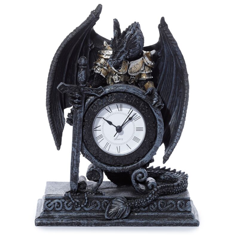 20cm mantel shelf clock featuring an armoured dragon design with detailed gothic-inspired fantasy styling and integrated clock face.