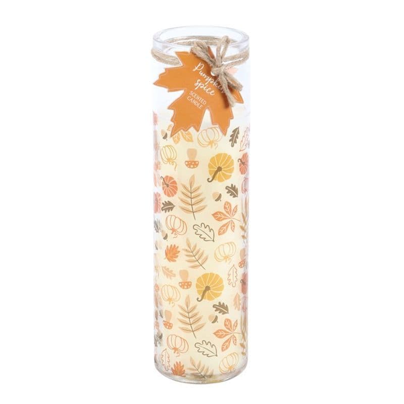 Tall glass tube pumpkin spice scented candle with autumn leaves and pumpkin pattern wrap, maple leaf gift tag and twine bow, on a white background
