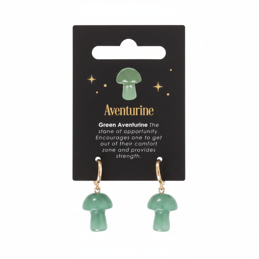 Aventurine Crystal Mushroom Shaped Earrings on backing card