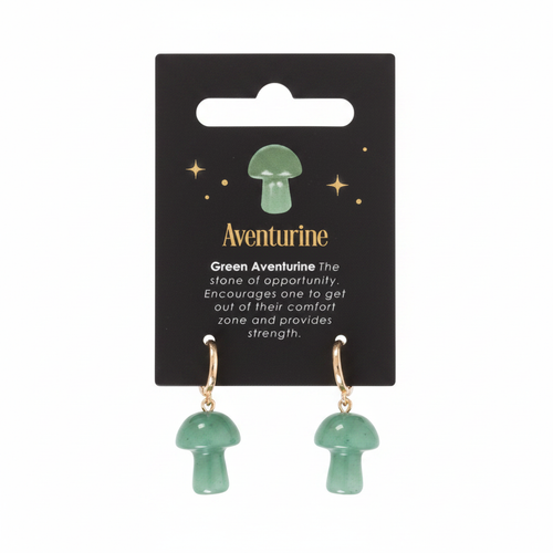 Aventurine Crystal Mushroom Shaped Earrings on backing card