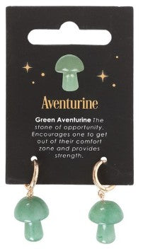 Aventurine crystal mushroom shaped earrings featuring natural green gemstone details and hanging earring hooks.