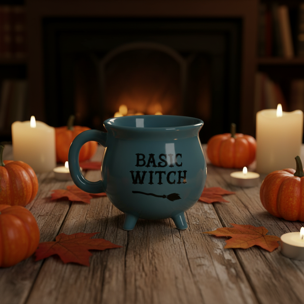 Teal blue cauldron-shaped mug reading Basic Witch with broomstick detail, styled with pumpkins, autumn leaves and candles