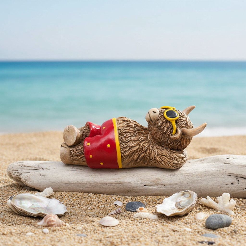 Beach Highland Cow Ornament - Coastal Flat Lay