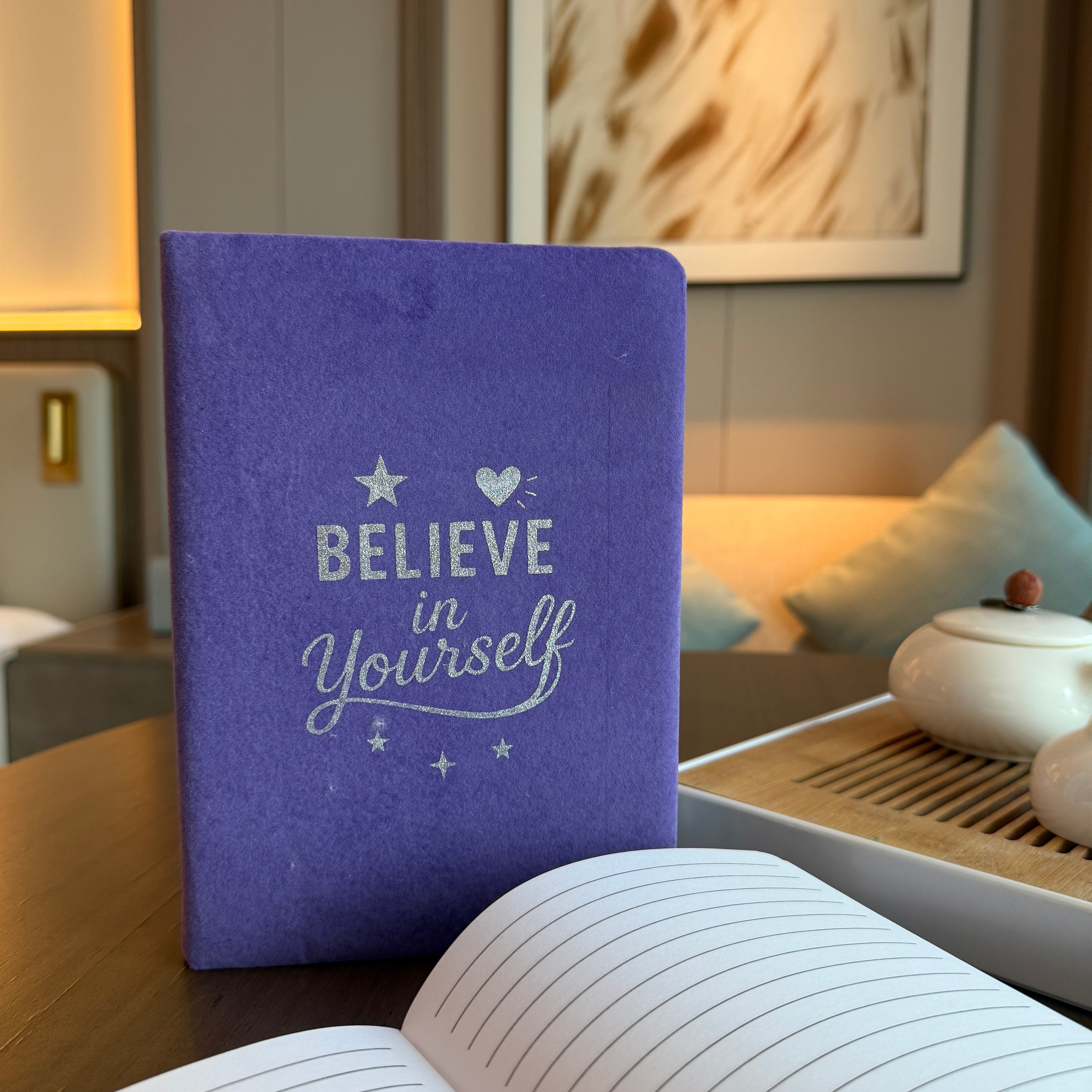 Lavender cover notebook with “Believe in Yourself” message, perfect for journaling, notes, and motivation