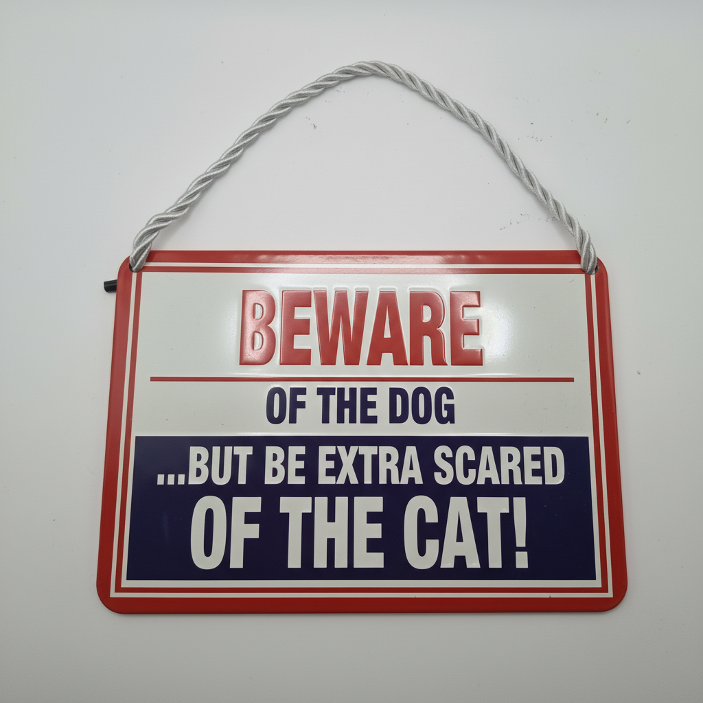 Tin sign with “Beware of the dog but be extra scared of the cat” quote, humorous wall decor