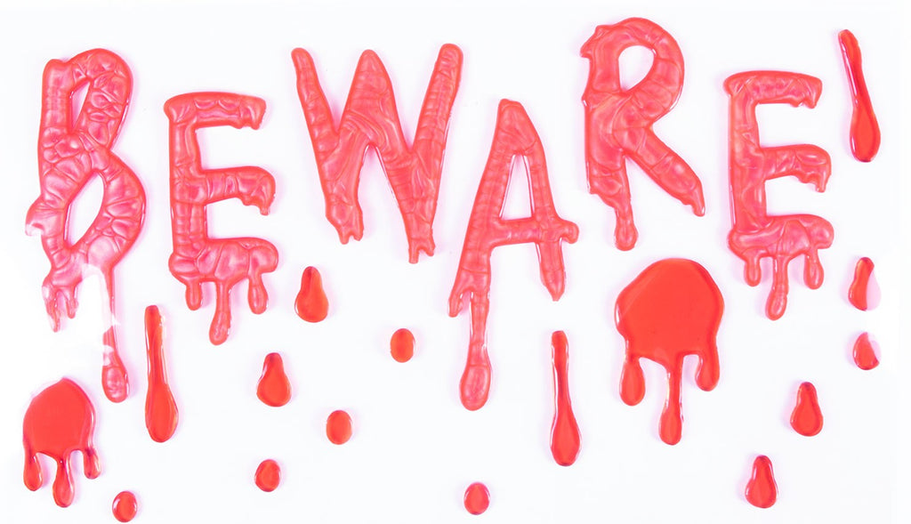 Reusable Halloween window gel decoration spelling Beware in dripping blood-effect pink and red lettering with gel droplet accents on a white background