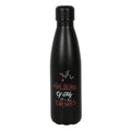 Black metal water bottle with The Blood of My Enemies slogan in red and white lettering with bat and blood drop details on a white background