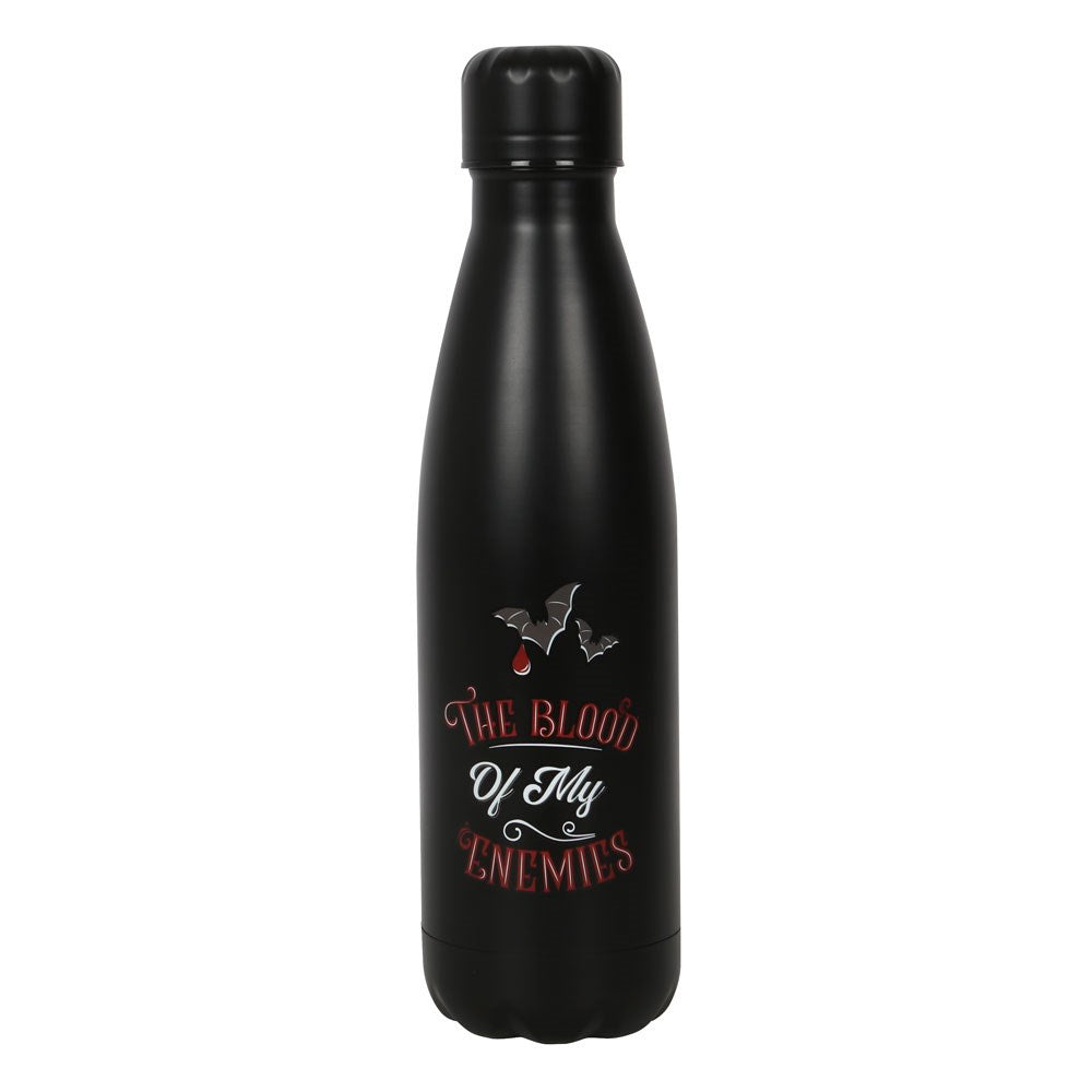 Black metal water bottle with The Blood of My Enemies slogan in red and white lettering with bat and blood drop details on a white background