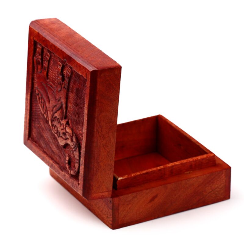 Mango Wood Carved Elephant Design Trinket Storage Box