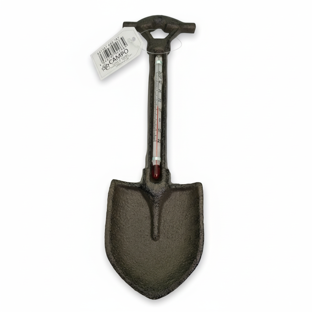Cast iron garden spade thermometer, rustic garden decor with temperature display