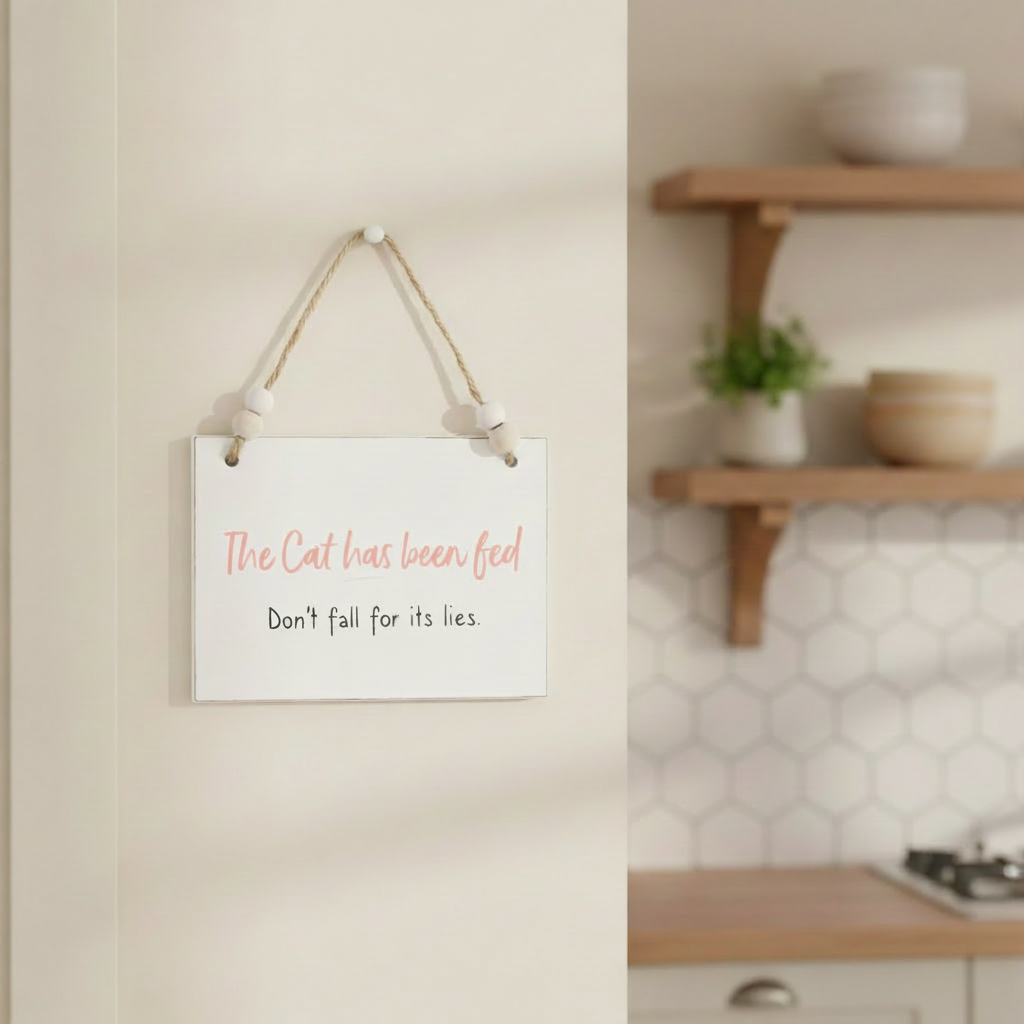 Wooden sign with “The cat has been fed don’t fall for its lies” quote, funny pet decor