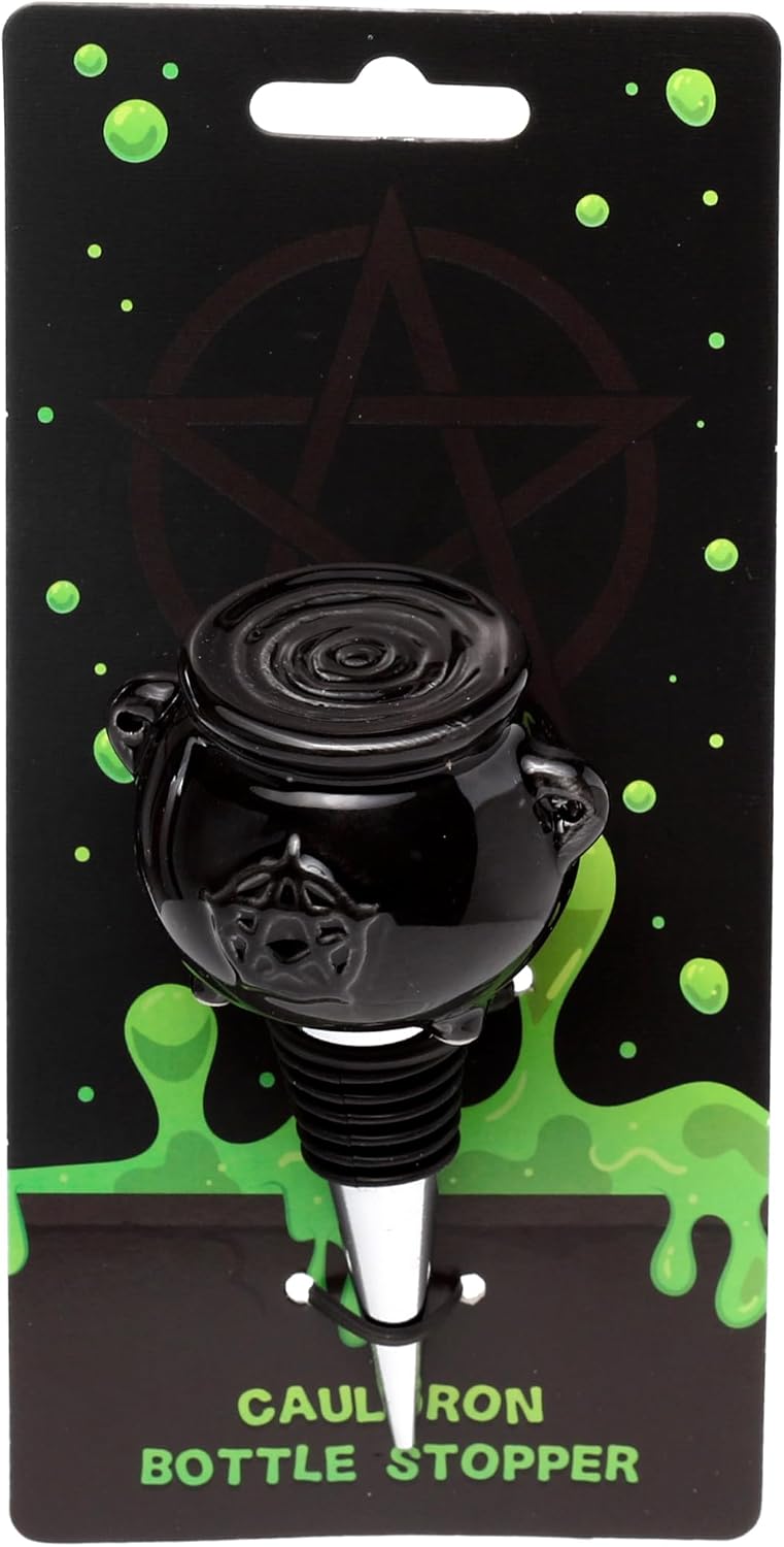 Black ceramic cauldron wine bottle stopper with pentagram detail, displayed on a spooky Halloween branded card backing