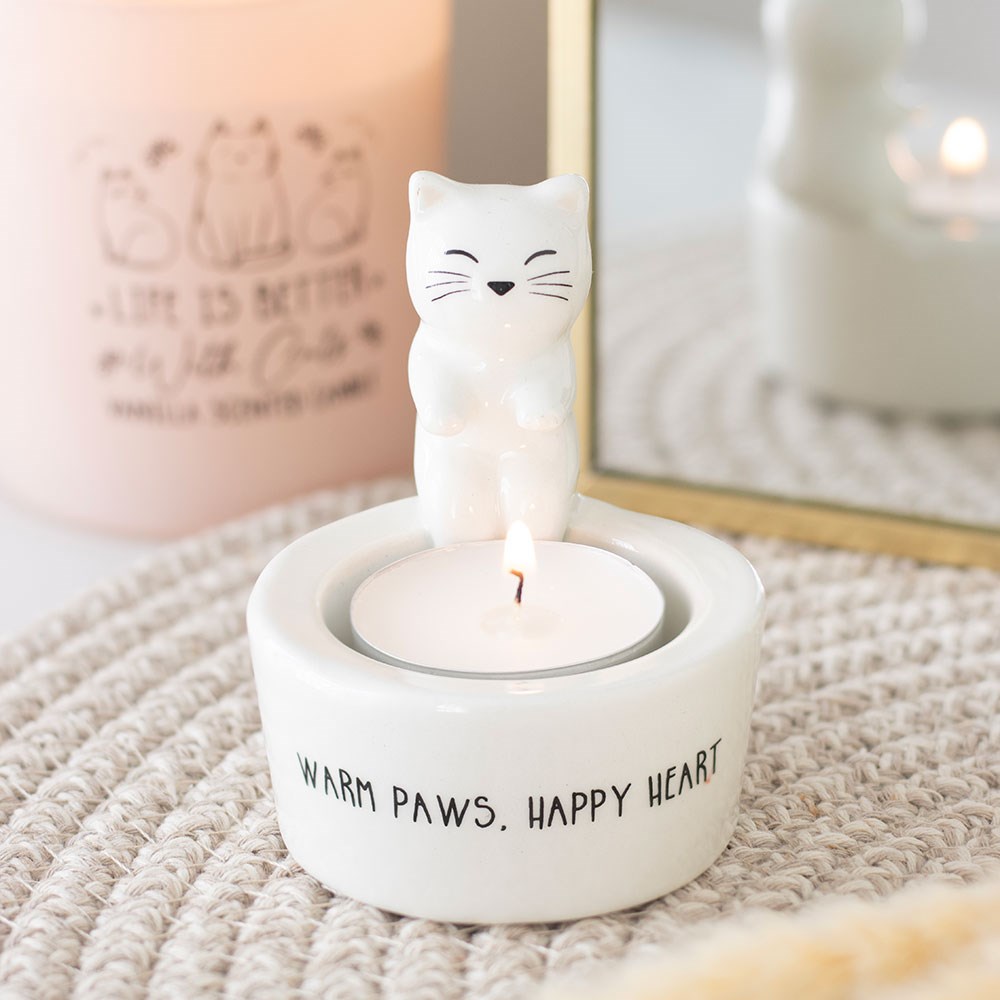 White ceramic cat tealight candle holder, cute and calming home accessory