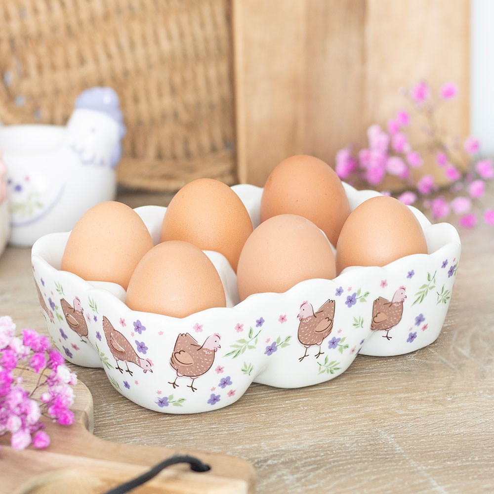 Ceramic egg crate with hen print, charming and practical kitchen storage solution
