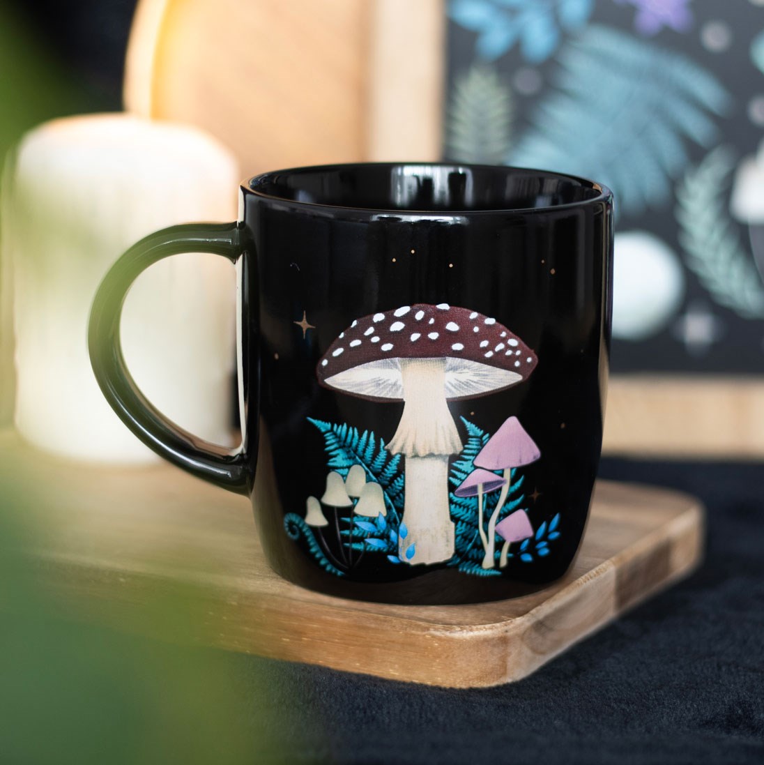 Forest mushroom print ceramic mug, cosy woodland-inspired drinkware