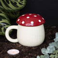 Ceramic mushroom shaped lidded mug, quirky and cosy for hot drinks