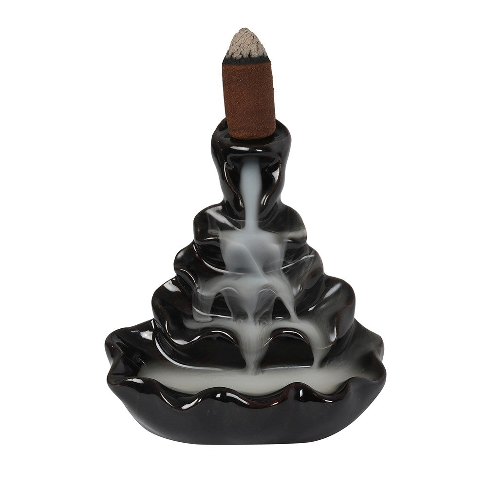 Black ceramic ripple effect backflow incense burner, creates soothing flowing smoke visuals