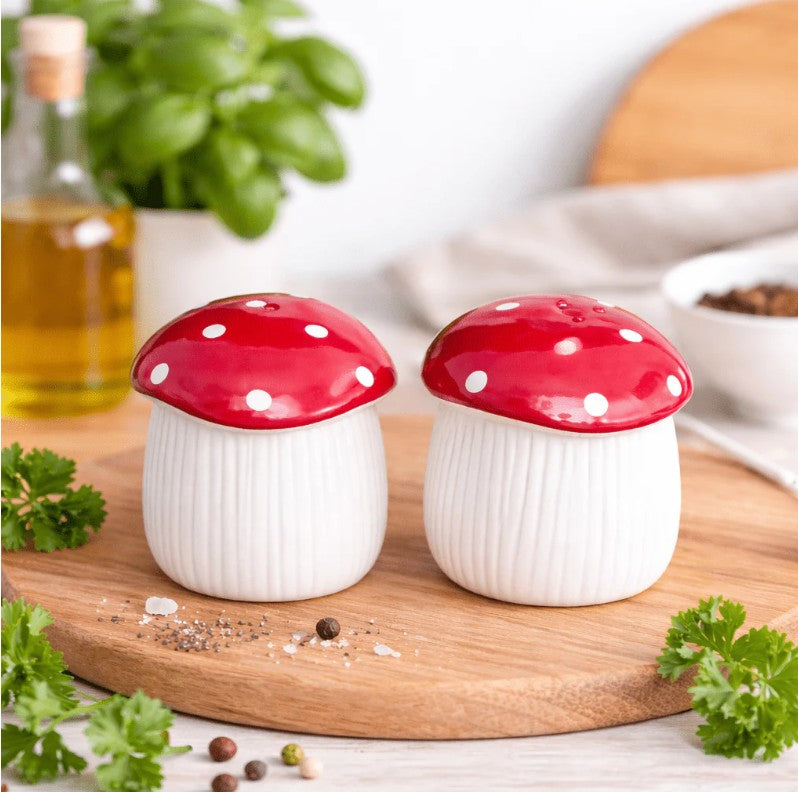 Ceramic mushroom shaped salt and pepper shakers, quirky and fun dining accessory