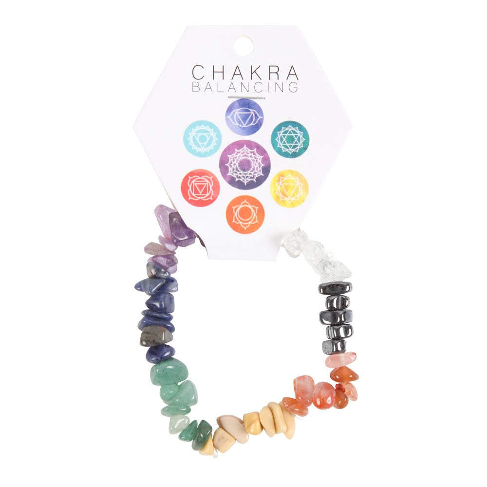 7 Chakra crystal stone chip bracelet featuring multicoloured natural gemstone chips on an elasticated band.