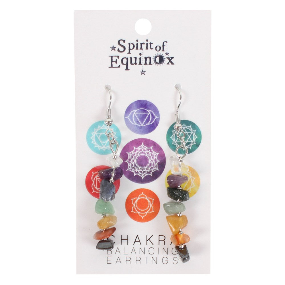 7 Chakra crystal stone chip earrings featuring multicoloured natural gemstone chips in a hanging earring design.