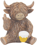 Cheers Highland Cow figurine holding a pint glass with middle finger gesture, novelty resin ornament with humorous design