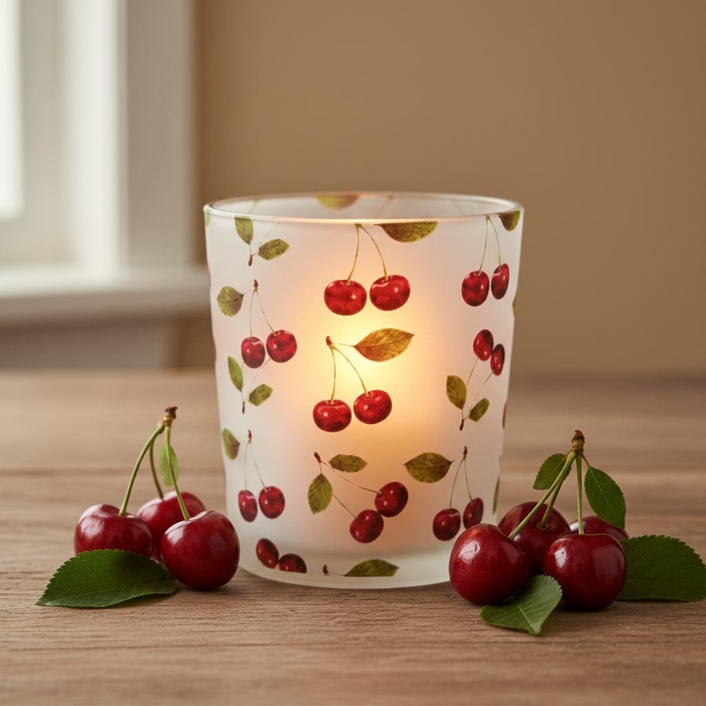 Large frosted glass votive candle holder with red cherry and green leaf design, lit candle inside casting warm glow, styled on rustic wood with fresh cherries and leaves