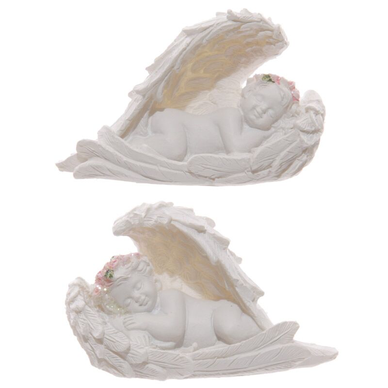 Mini sleeping cherub ornament resting inside angel wings decoration in a peaceful white resin finish.