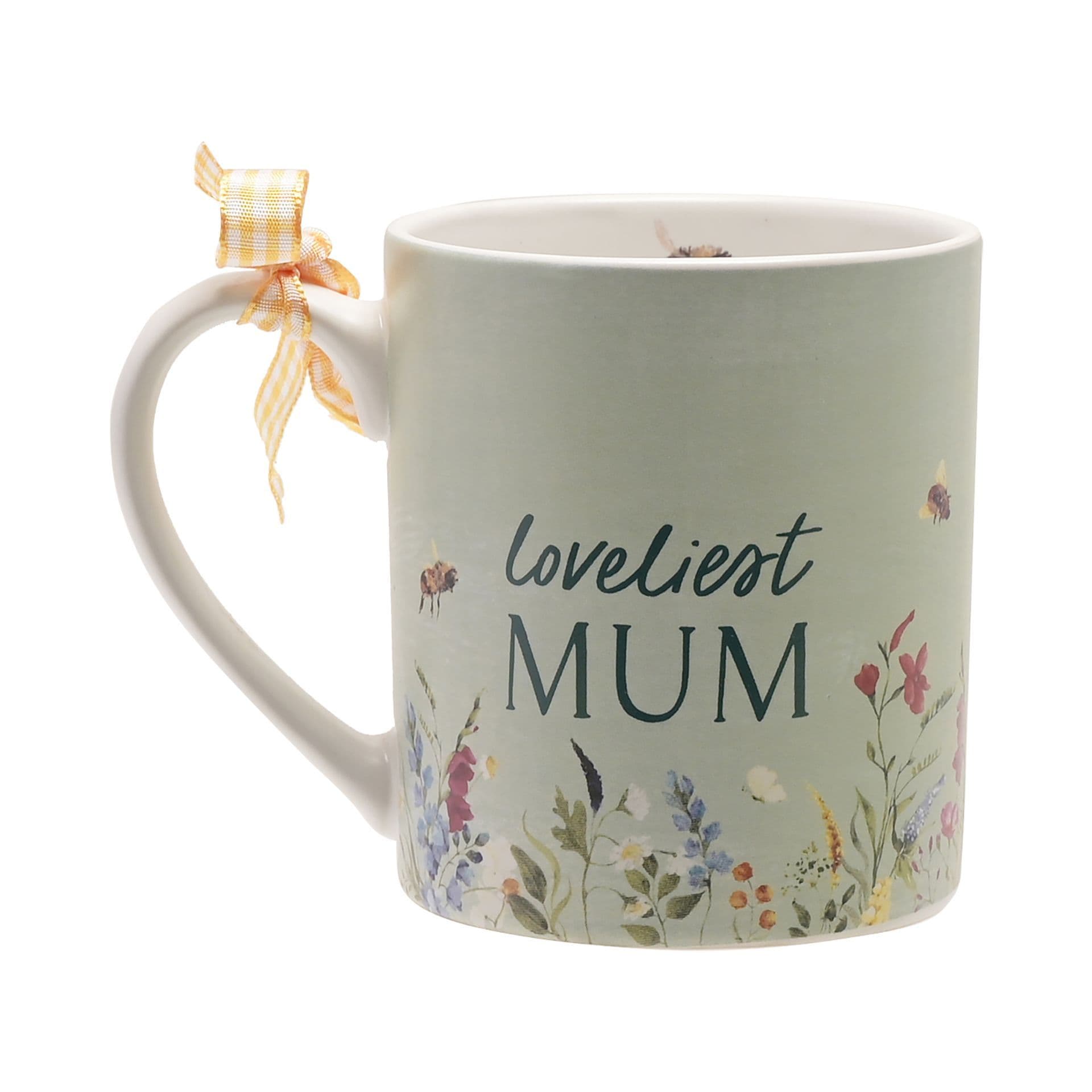 White ceramic mug with "Loveliest Mum" text, watercolour wildflower and bee design, and a yellow gingham ribbon bow on the handle, on a white background