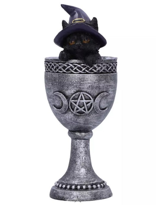Black cat in goblet ornament “Coven Cup” by Nemesis Now, gothic decorative item