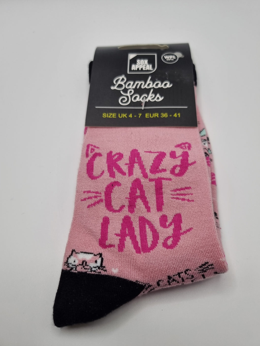 Pink Crazy Cat Lady novelty bamboo socks with cat illustrations and dark grey cuffs, toes and heels, UK size 4–7
